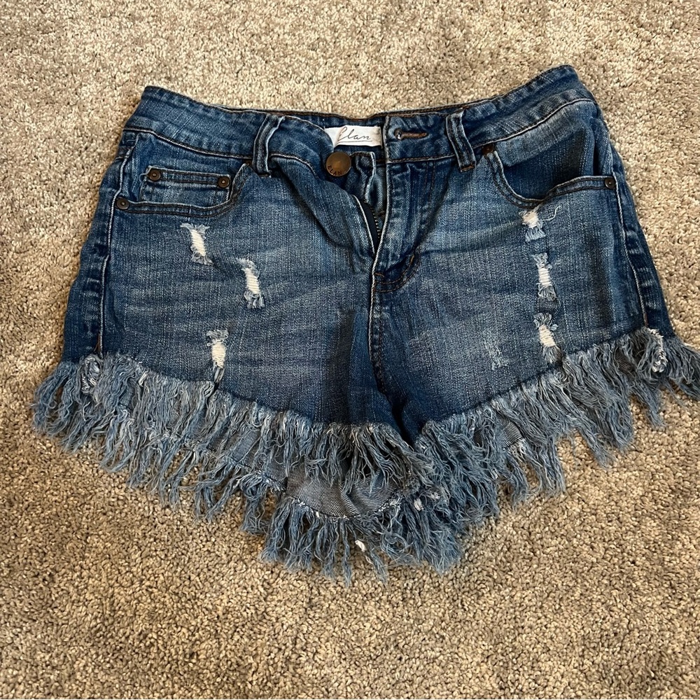 Elan Distressed Blue Jean Shorts with Fringe